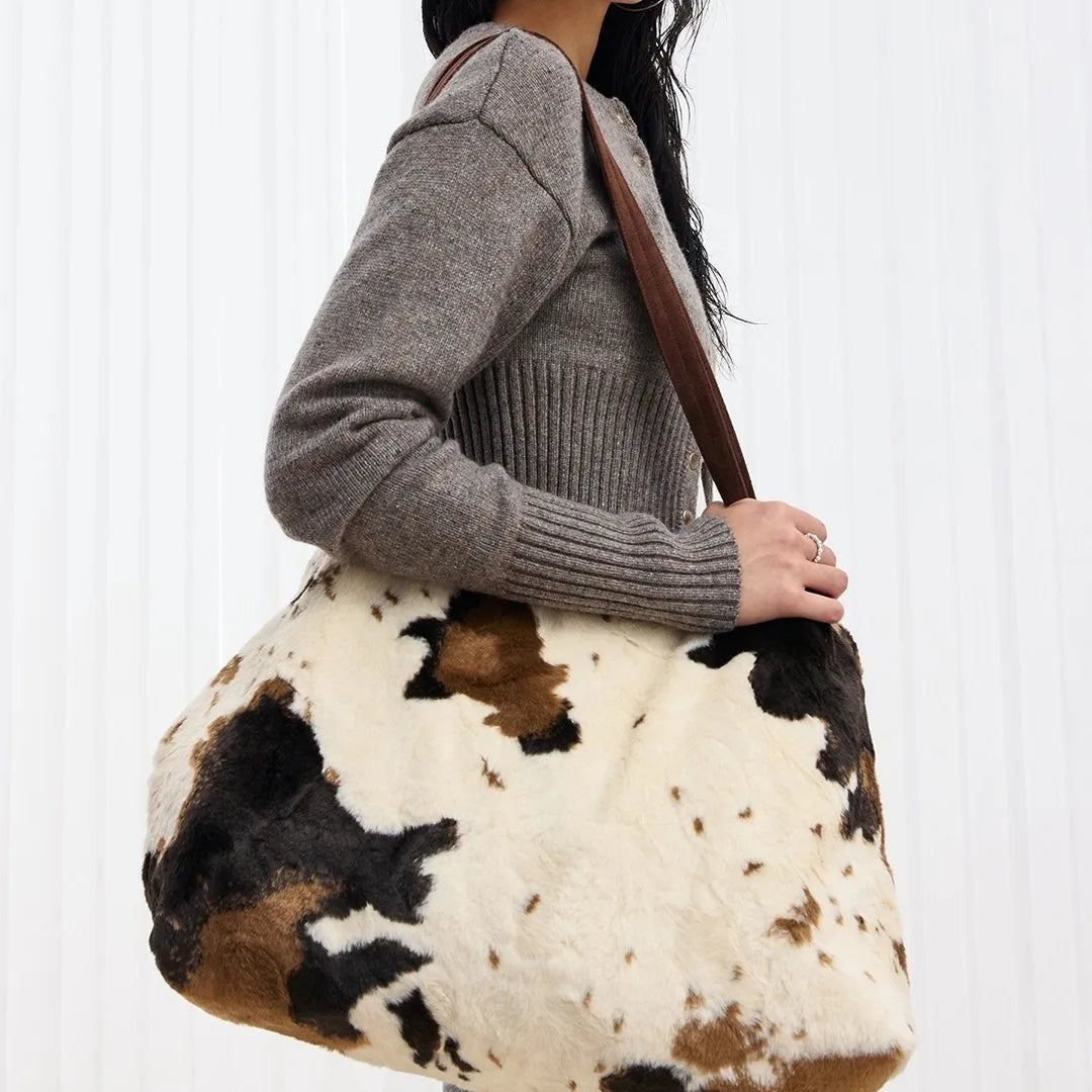 Cow Print Plush Tote – That Fluffy Bag Everyone Wants