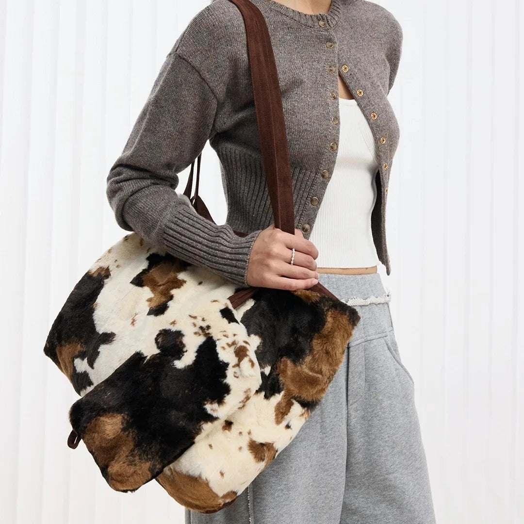 Cow Print Plush Tote – That Fluffy Bag Everyone Wants