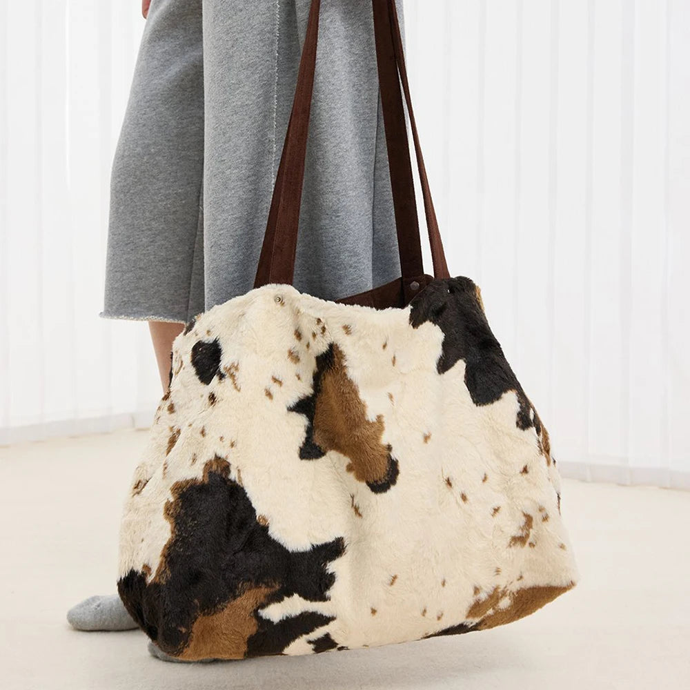 Cow Print Plush Tote – That Fluffy Bag Everyone Wants