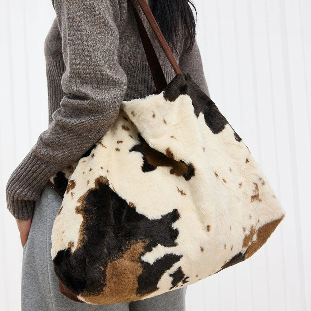 Cow Print Plush Tote – That Fluffy Bag Everyone Wants